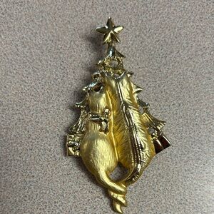 Gold-Tone Cat Christmas Tree Brooch
